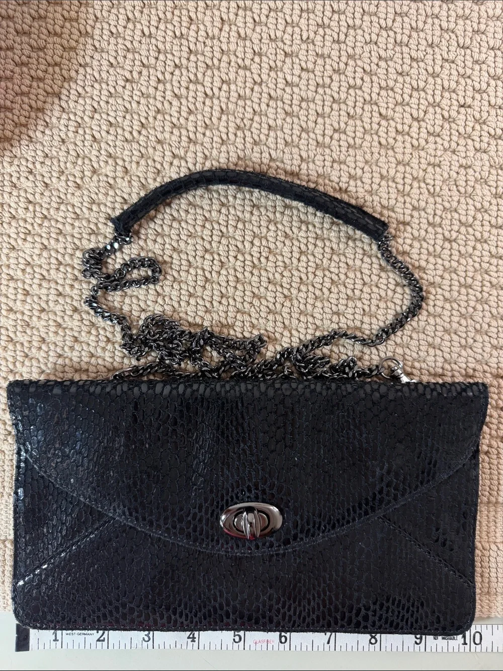 Sorial Black Textured Leather Envelope Clutch Crossbody Bag Removable Chain